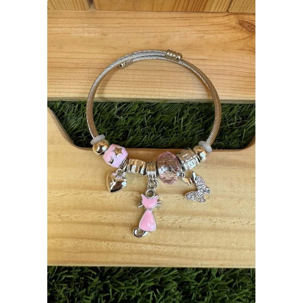 Kedi Kelebek ve Kalp Figürlü Çelik Bileklik/ Gümüş Renk