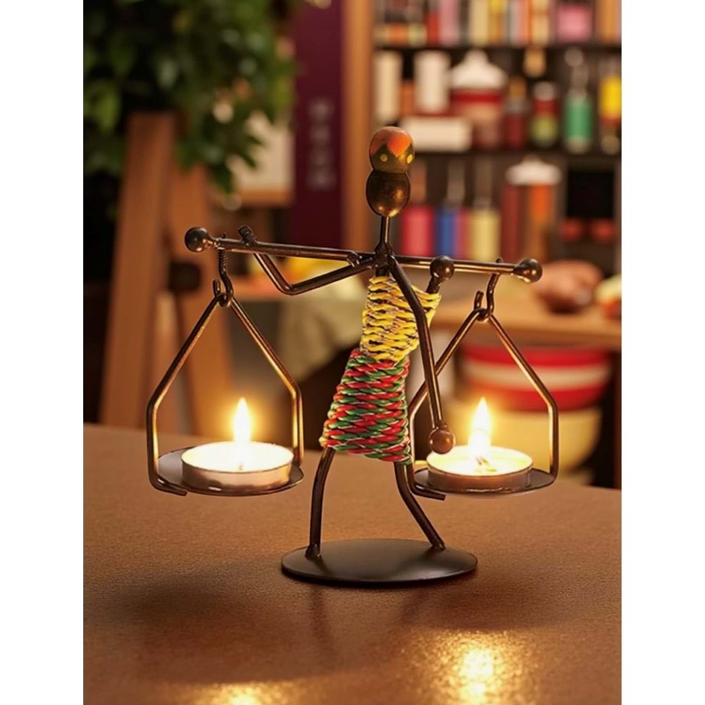 Retro Afrika Temalı Denge Mumluk / Çift Şamdan Tutucu - Masa Dekoru (Yükseklik 14.5 Cm)