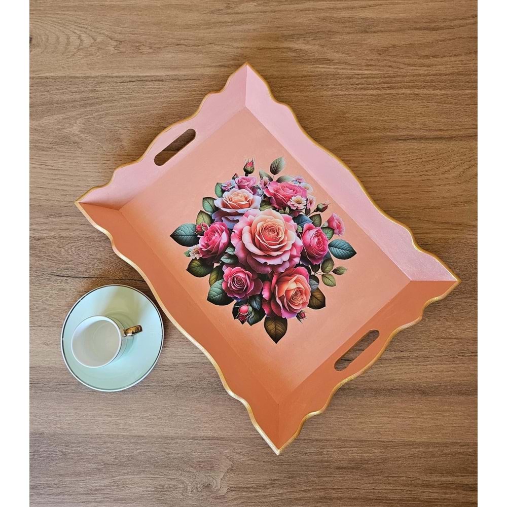 El Boyaması Ahşap Tepsi – Renkli Çiçek Buketi Tasarımı