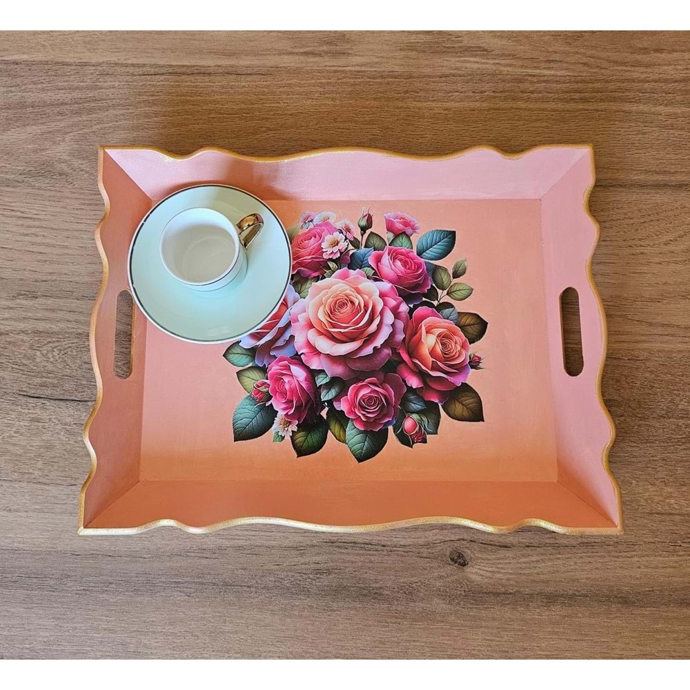 El Boyaması Ahşap Tepsi – Renkli Çiçek Buketi Tasarımı