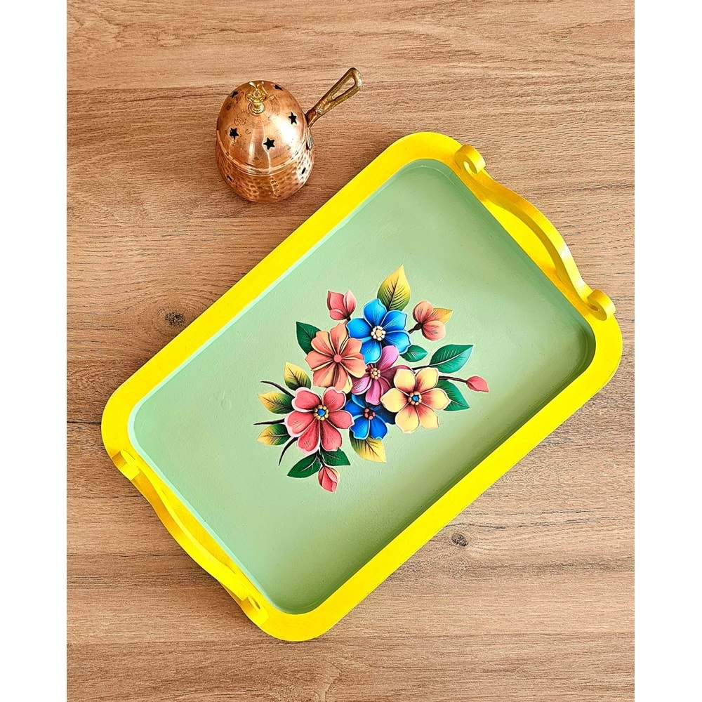 El Boyaması Ahşap Tepsi – Renkli Çiçek Buketi Tasarımı 2