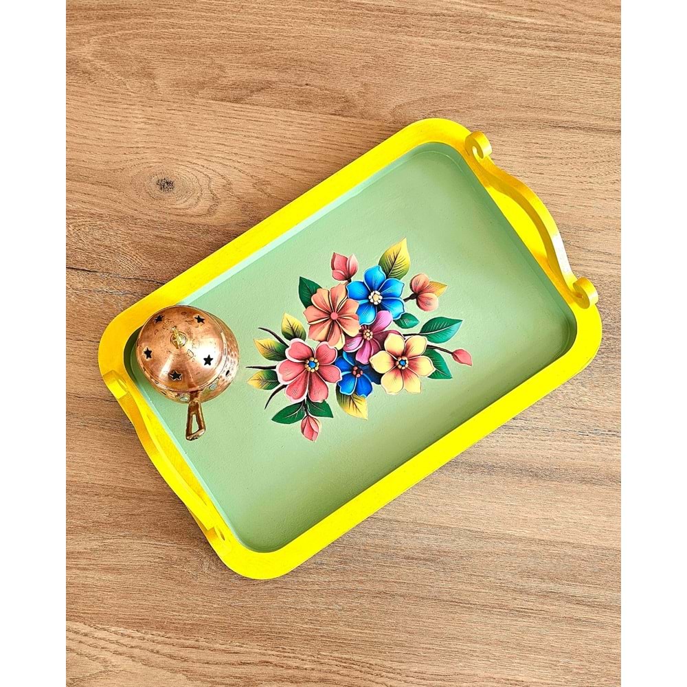 El Boyaması Ahşap Tepsi – Renkli Çiçek Buketi Tasarımı 2