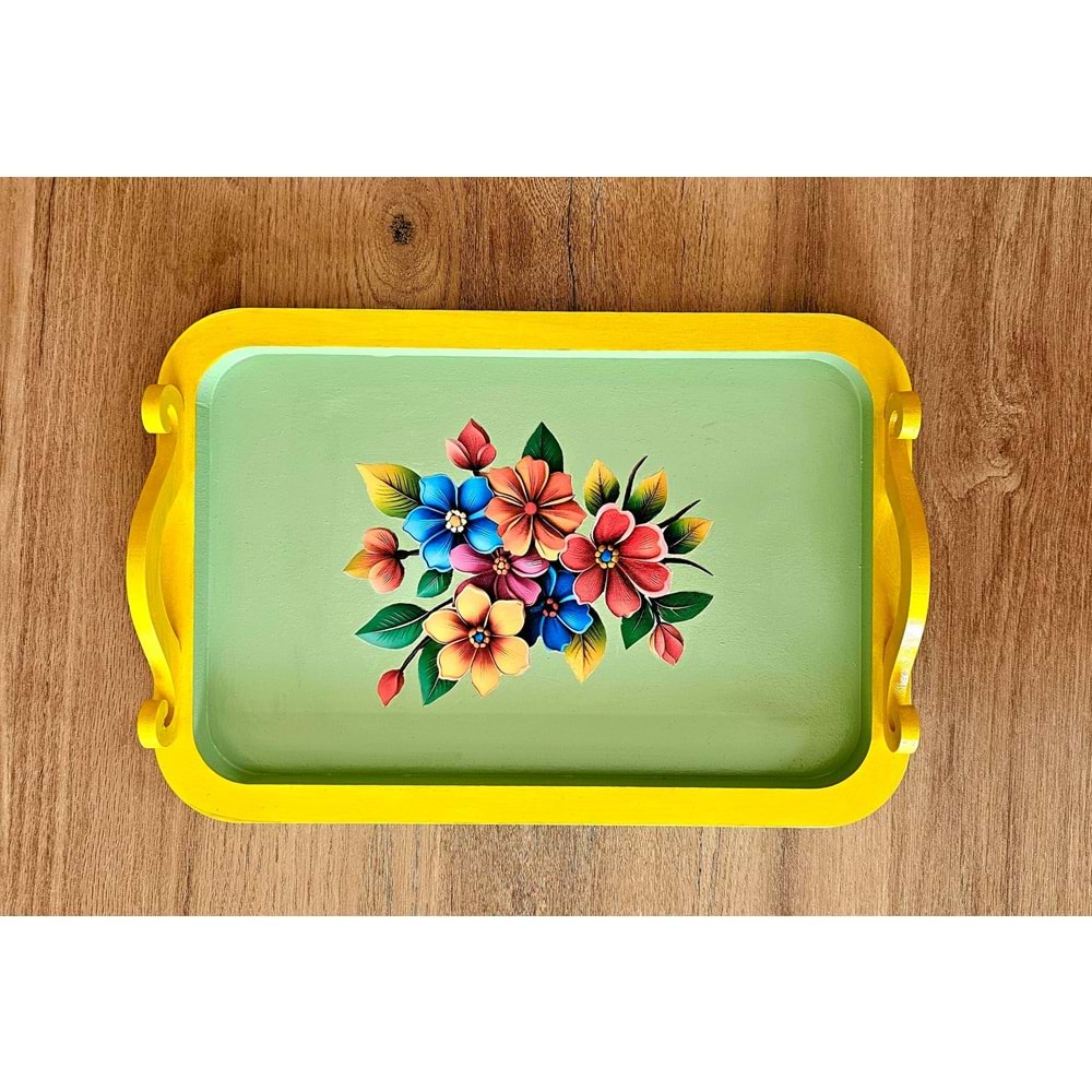 El Boyaması Ahşap Tepsi – Renkli Çiçek Buketi Tasarımı 2