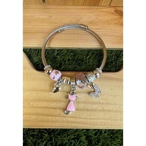 Kedi Kelebek ve Kalp Figürlü Çelik Bileklik/ Gümüş Renk