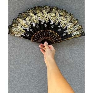 Siyah Altın Sarısı Renkli Kelebekli Simli Yelpaze