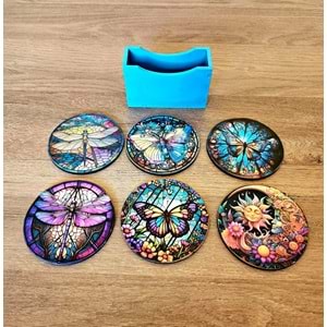 Renkli Vitray Desenli El Boyaması Ahşap Bardak Altlığı Seti (6'lı) + Ahşap Kutu / Koleksiyon No:1