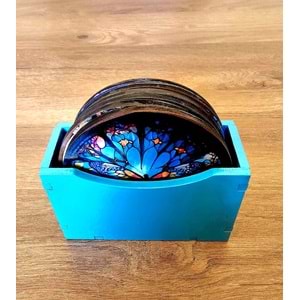Renkli Vitray Desenli El Boyaması Ahşap Bardak Altlığı Seti (6'lı) + Ahşap Kutu / Koleksiyon No:1