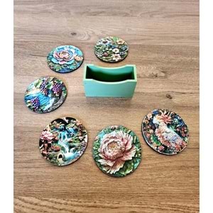 Doğanın Sessiz Fısıltıları El Boyaması Ahşap Bardak Altlığı Seti (6'lı) + Ahşap Kutu / Koleksiyon 4