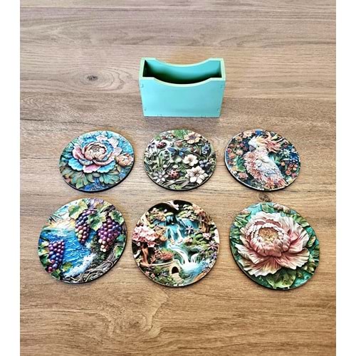 Doğanın Sessiz Fısıltıları El Boyaması Ahşap Bardak Altlığı Seti (6'lı) + Ahşap Kutu / Koleksiyon 4
