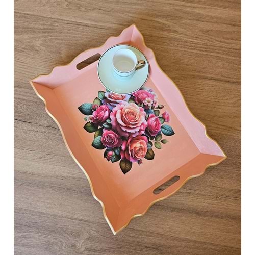 El Boyaması Ahşap Tepsi – Renkli Çiçek Buketi Tasarımı