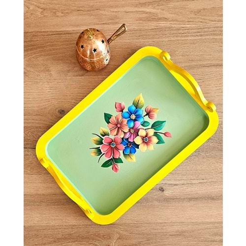 El Boyaması Ahşap Tepsi – Renkli Çiçek Buketi Tasarımı 2