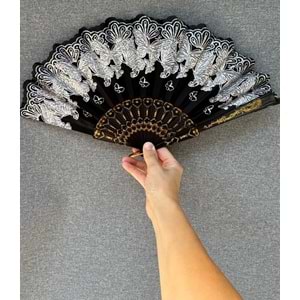 Siyah Gümüş Renkli Kelebekli Simli Yelpaze