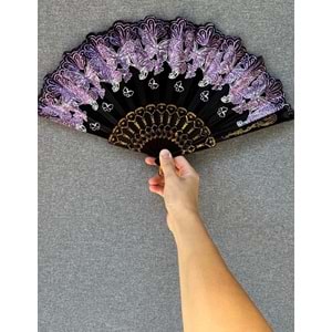 Siyah Mor Renkli Kelebekli Simli Yelpaze