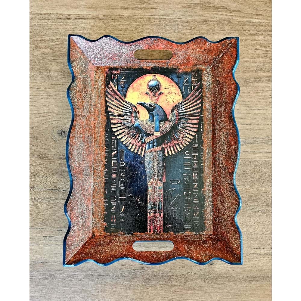 El Yapımı Ahşap Boyama Tepsi – Antik Mısır Koleksiyonu Kuş Başlı Figür