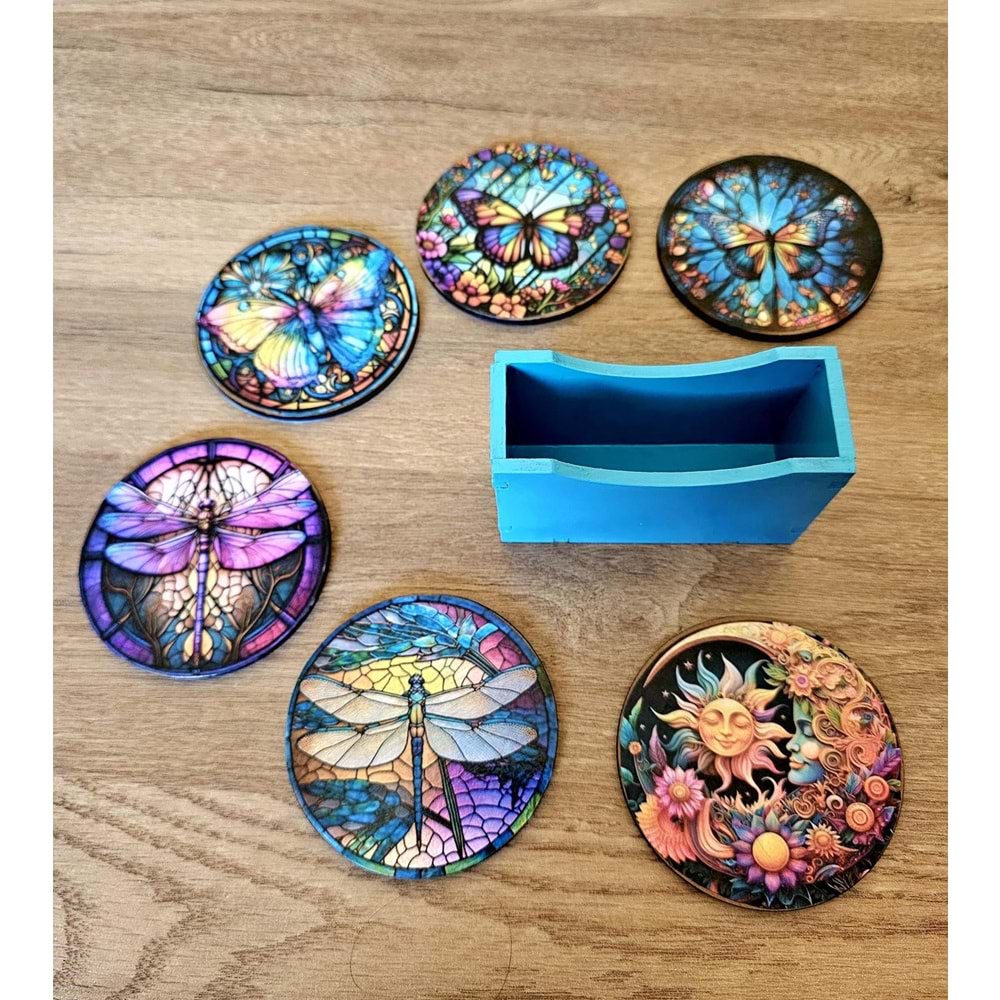 Renkli Vitray Desenli El Boyaması Ahşap Bardak Altlığı Seti (6'lı) + Ahşap Kutu / Koleksiyon No:1