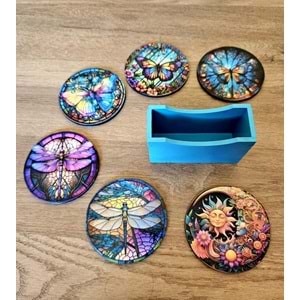Renkli Vitray Desenli El Boyaması Ahşap Bardak Altlığı Seti (6'lı) + Ahşap Kutu / Koleksiyon No:1