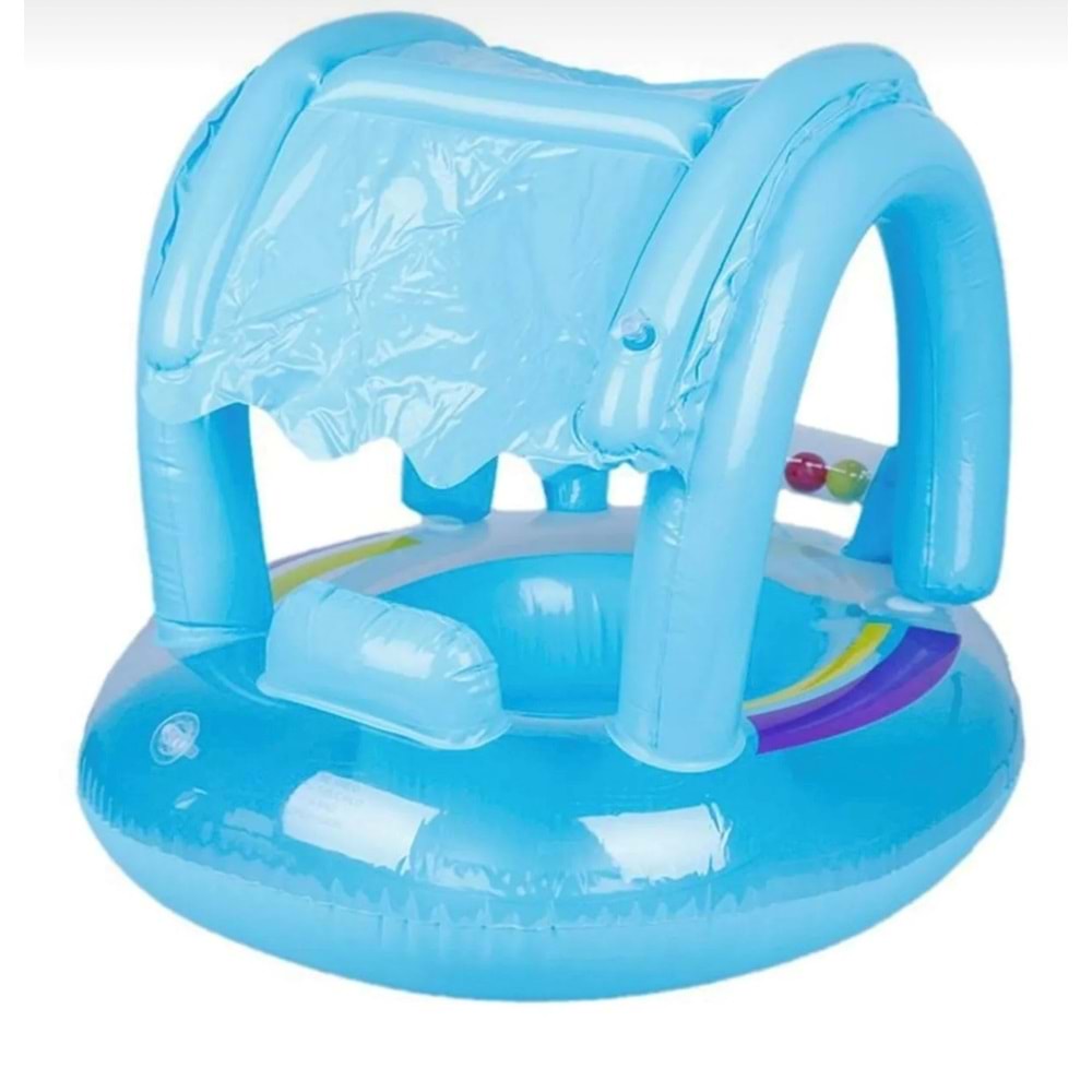 Mavi 0-3 Yaş Oturaklı Çıngıraklı Gölgelikli Bebe Flotörü Bebek Simidi Gölgelikli Deniz Havuz Simidi