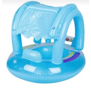 Mavi 0-3 Yaş Oturaklı Çıngıraklı Gölgelikli Bebe Flotörü Bebek Simidi Gölgelikli Deniz Havuz Simidi